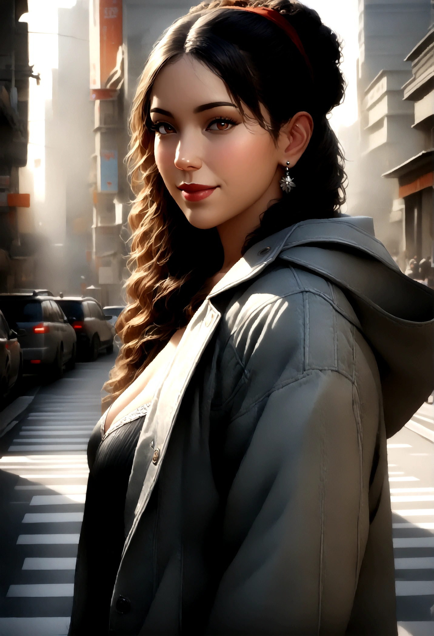 (8K, RAW Photos, Highest quality, masterpiece, Very detailed:1.2),(Realistic, photo-Realistic:1.4), Sharp focus, 詳細な8K背景, Soft Light, Cute Japanese Idol, (Detailed skin: 1.2), Very detailed face, Pale skin, Brown eyes, smile, Earrings, View your viewers, (Grey winter coat:1.2), City, Medium sized breasts, Recall, morning