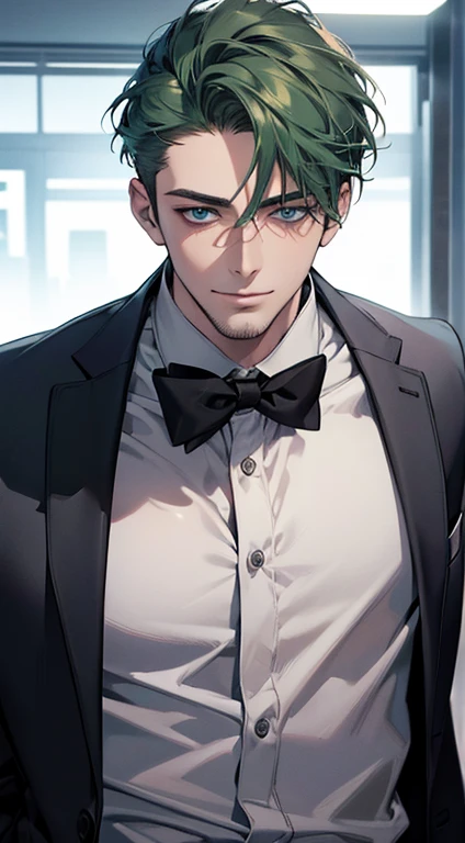 (best quality,4k,8k,highres,masterpiece:1.2),ultra-detailed,(realistic,photorealistic,photo-realistic:1.37),1 man,31 years old,mature man,very handsome,without expression smile in love, short green hair,blue eyes,penetrating gaze,perfect face without errors,imposing posture,businessman,office background,cinematic lighting,hdr imageq