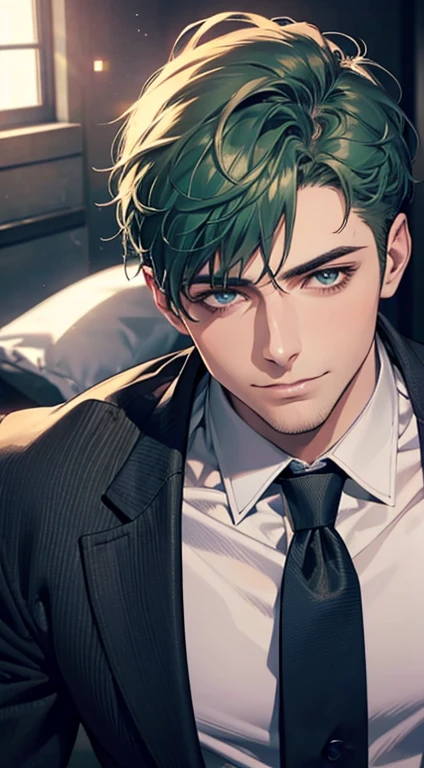 (best quality,4k,8k,highres,masterpiece:1.2),ultra-detailed,(realistic,photorealistic,photo-realistic:1.37),1 man,31 years old,mature man,very handsome,without expression smile in love, short green hair,blue eyes,penetrating gaze,perfect face without errors,imposing posture,businessman,office background,cinematic lighting,hdr imageq