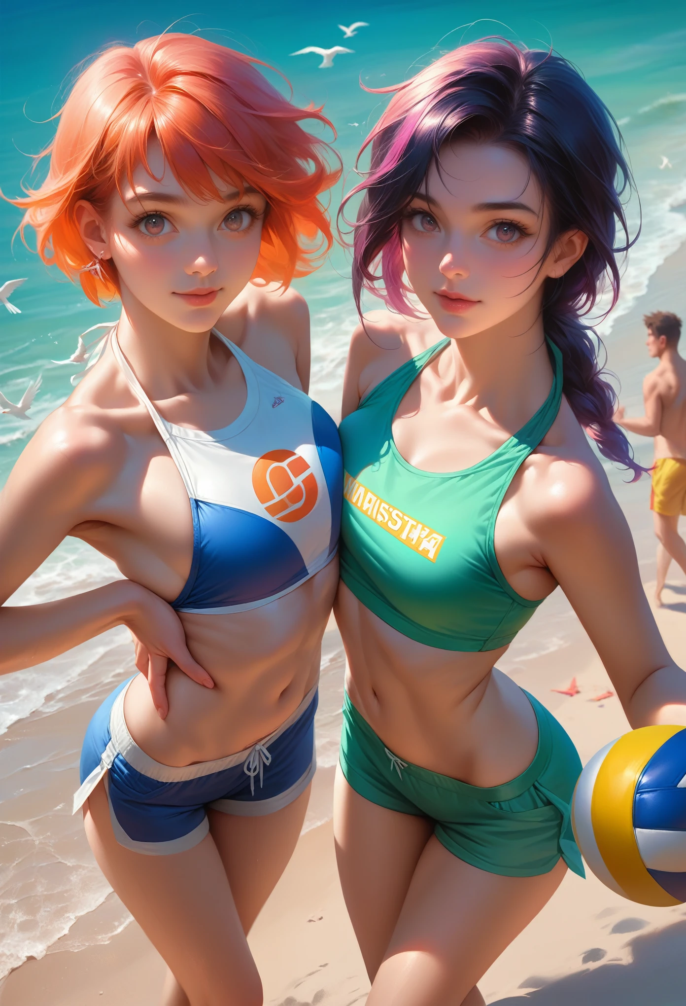 score_9, score_8_up, score_7_up,, (masterpiece:1.2, best quality:1.1, highres,absurdres, high quality),(photorealistic:1.1),reflected light, colorful,ultra-detailed, ultra hd, super detailed, glowing, volleyball on beach, 2 girls ( sporty bikinis ), 2 boys ( athletic shorts), volley ball, beach background, sunny day, distant view, bird's-eye view