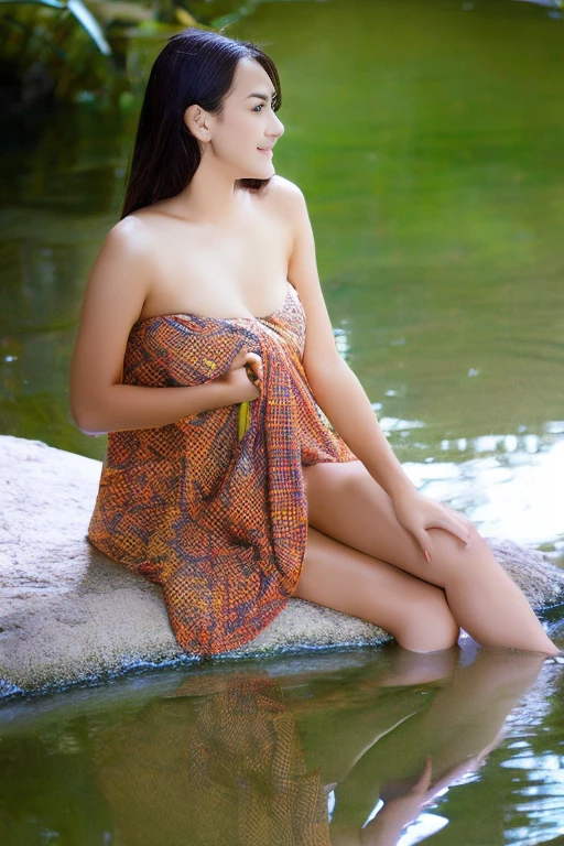 A Beautiful Girl, long-haired, Wear a Thai short sarong, bathe, Big breasts, Beautiful breast, slim, slim, stream,natural