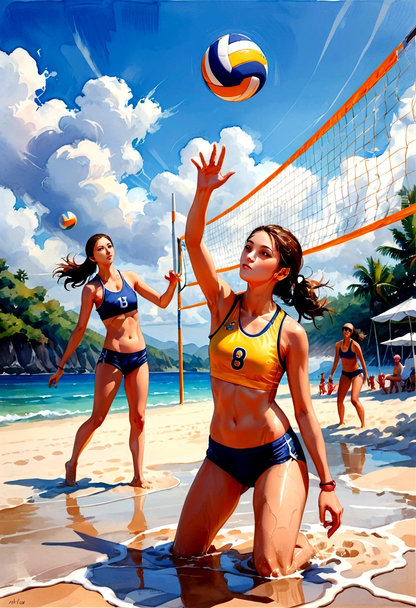 1girl, Beach Volleyball, watercolor painting of a volleyball, in the water on a beach, soft multilayered, perfect composition, complementary colors, fine details, masterpiece, best quality, very aesthetic, absurdres