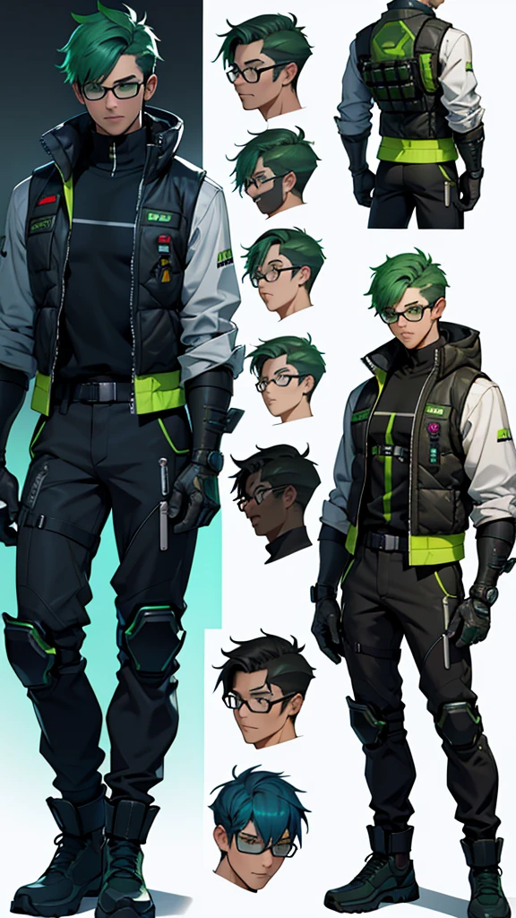Character design sheet、Green short hair、Glasses、male、Tactical Vest、whole body、cyber punk, Surrealism, reference sheet, zoom layer, 8k, highres, best quality, UHD, anatomically correct