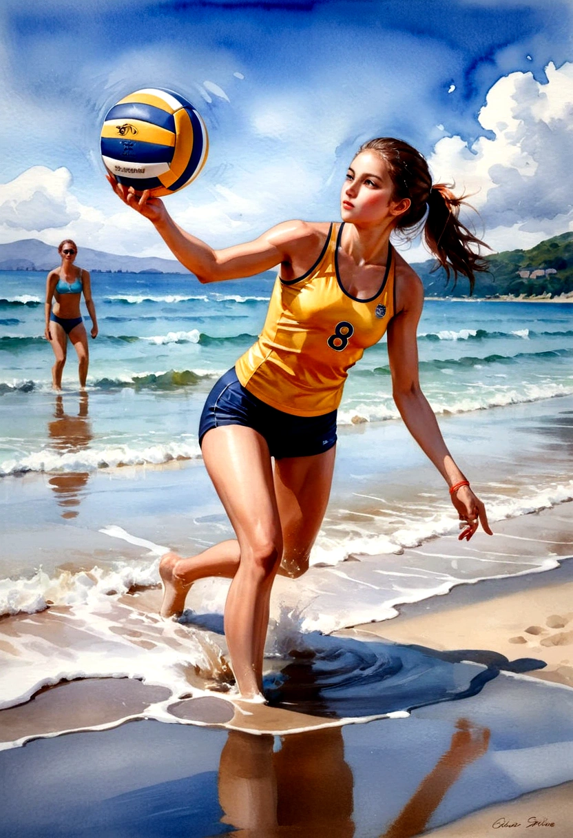 1girl, Beach Volleyball, watercolor painting of a volleyball, in the water on a beach, soft multilayered, perfect composition, complementary colors, fine details, masterpiece, best quality, very aesthetic, absurdres