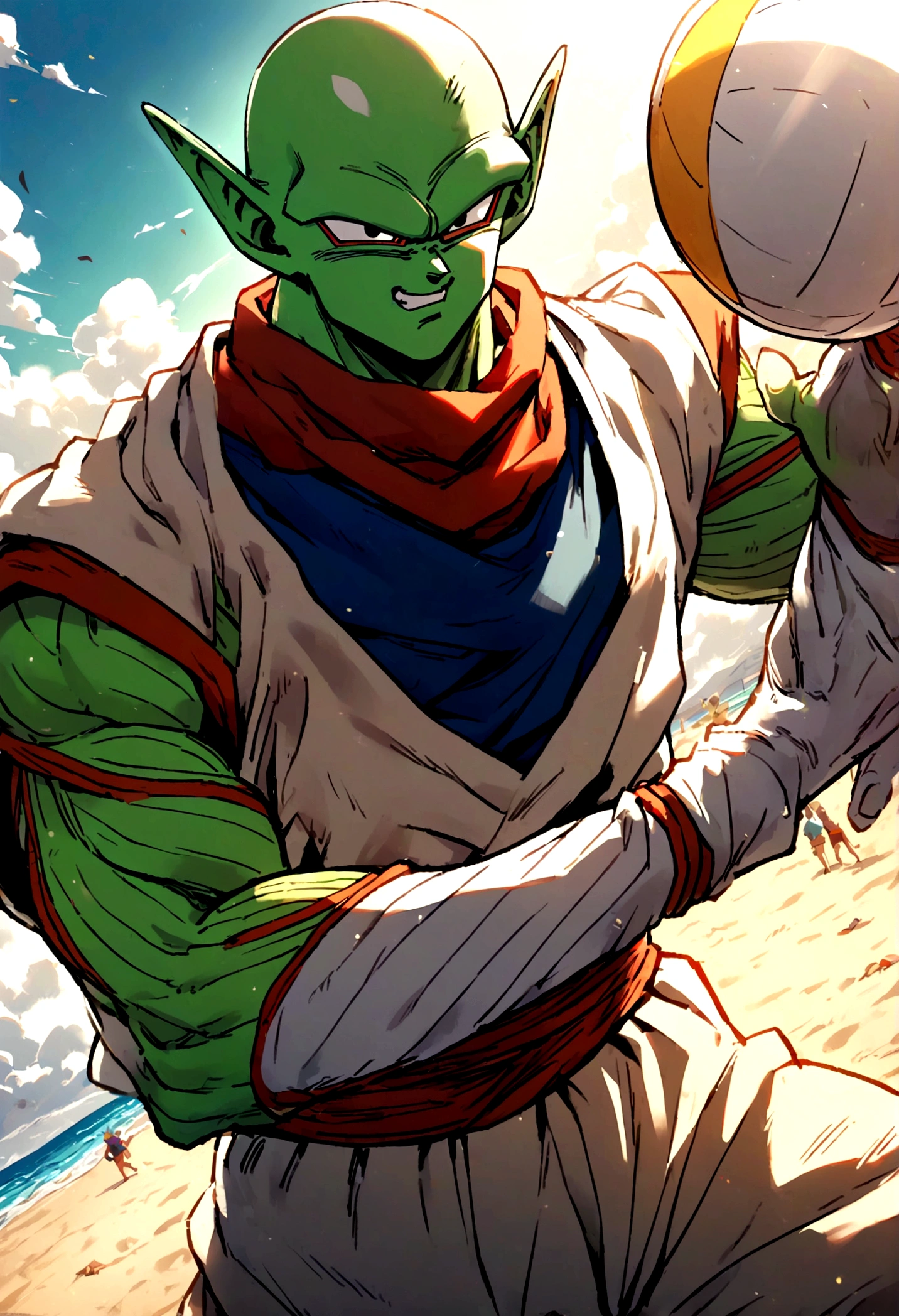 1boy, male focus, piccolo, dragon ball, playing beach volleyball