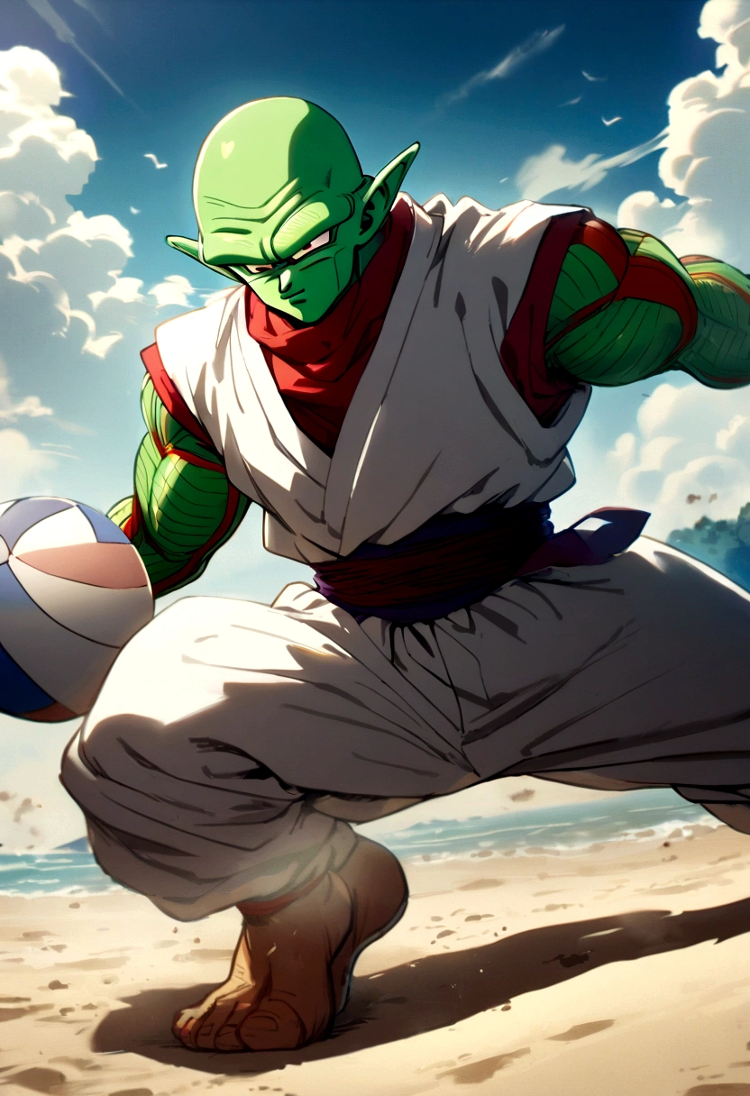 1boy, male focus, piccolo, dragon ball, playing beach volleyball