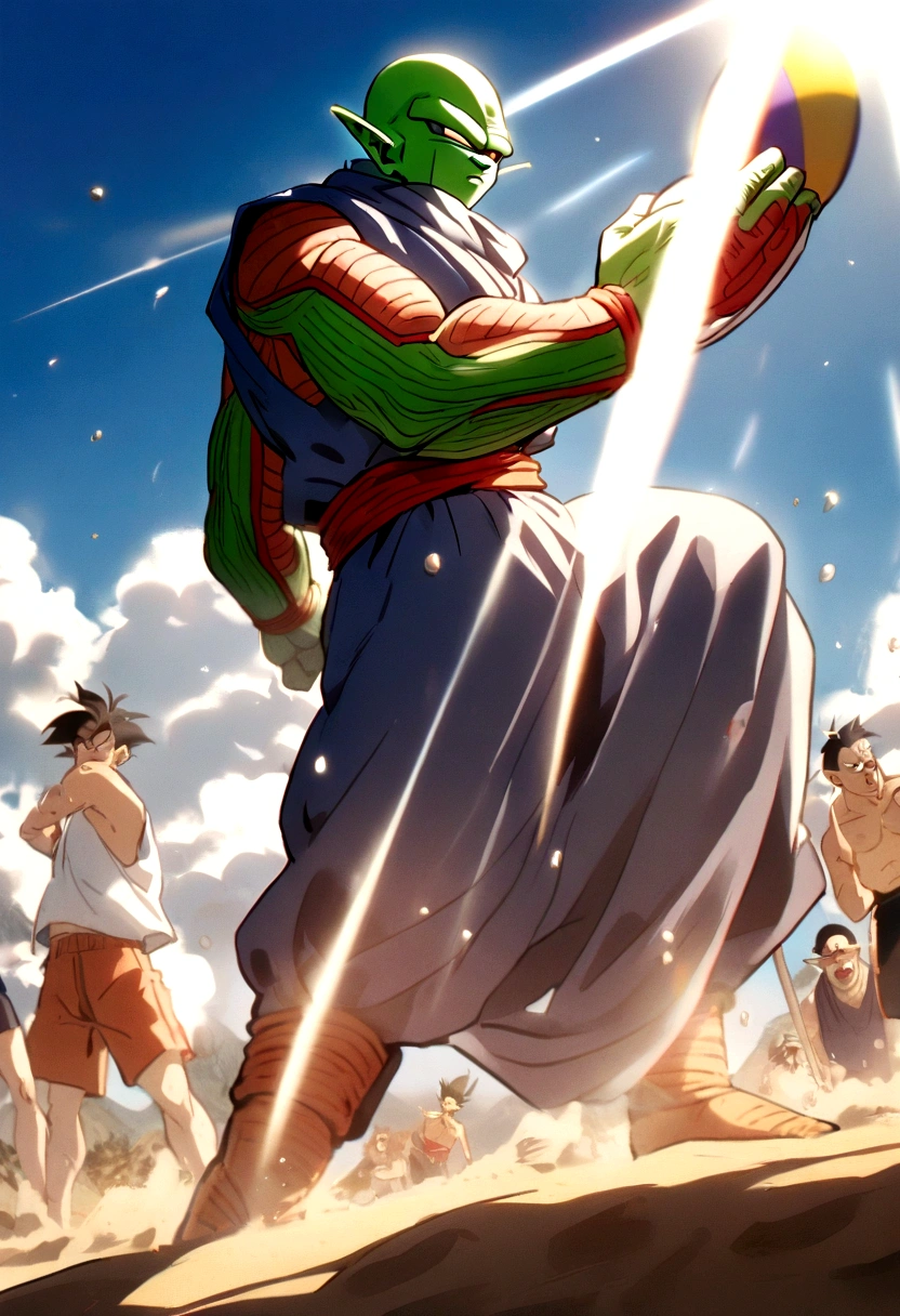 1boy, male focus, piccolo, dragon ball, playing beach volleyball
