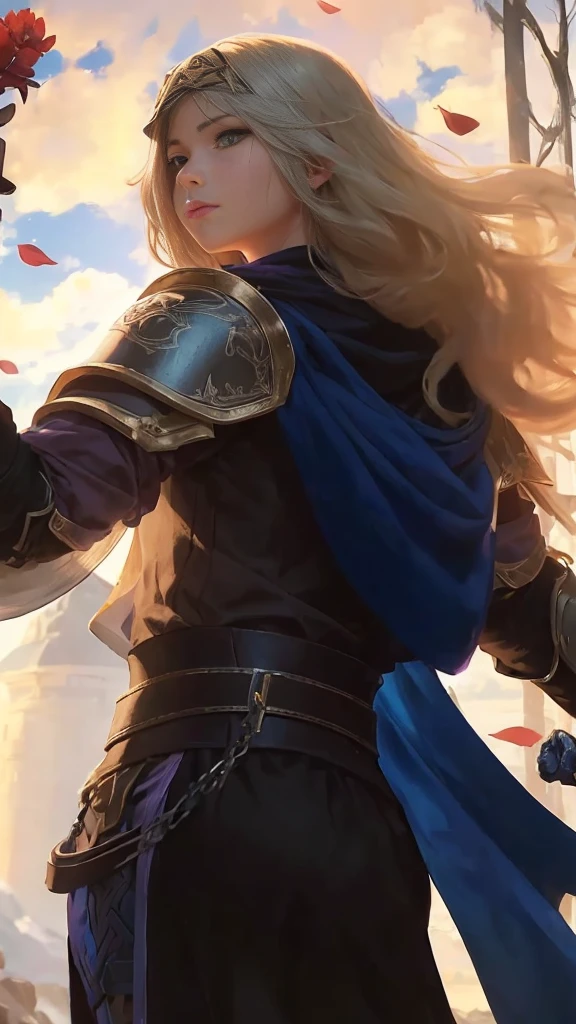 1girl, 1boy, (best quality, beruka, gauntlets), armor, purple scarf, black gloves, pants, boots, bandana on the head, sitting, in front, trees, mountain, beautiful scenery in the background, soft sunset, subtle reflections on the ground.