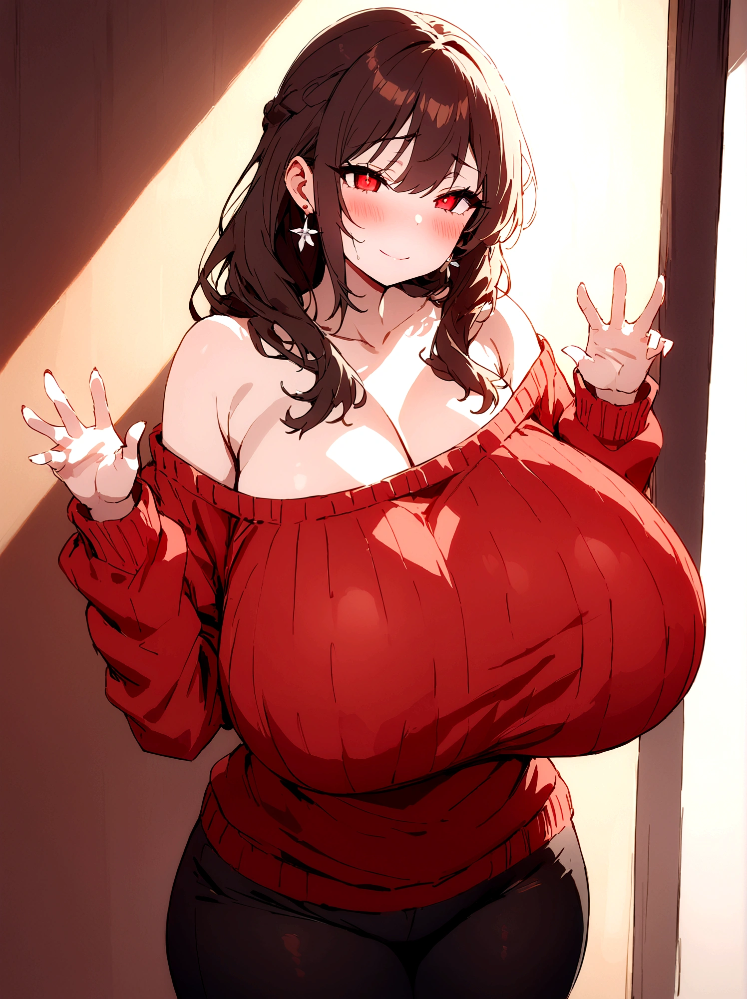 Women sharp features, 1 girl, black fur, alone, Red eyes, Closed mouth, blush, jewelry, White headband, earrings, Masterpiece, (giant breasts:1.2)(stomach:0.7), (Wide hips:0.4),(Red sweater:1.4),( off shoulder sweater:1.4),(Black pants:1.25),detailed eyes, make up, eyeliner, eyelashes, earrings, seductive smile, Closed mouth, Masterpiece, Best Quality, 1 girl, realist, 1 girl, blush, make up, glow, coffee background, clavicle, (Masterpiece), 1 girl, alone, detailed eyes, tall female body, detailed, bright face, dynamic lighting, whole body, full HD, good detail, perfect hands, maduro_Women, lighting on the face, detailed eyes, adult Women, maduro Women, cowboy shot, cowboy shot, curvy pose, Upper part of the body, tall female body, bright face, cheered up, red apron, cheered up, ,