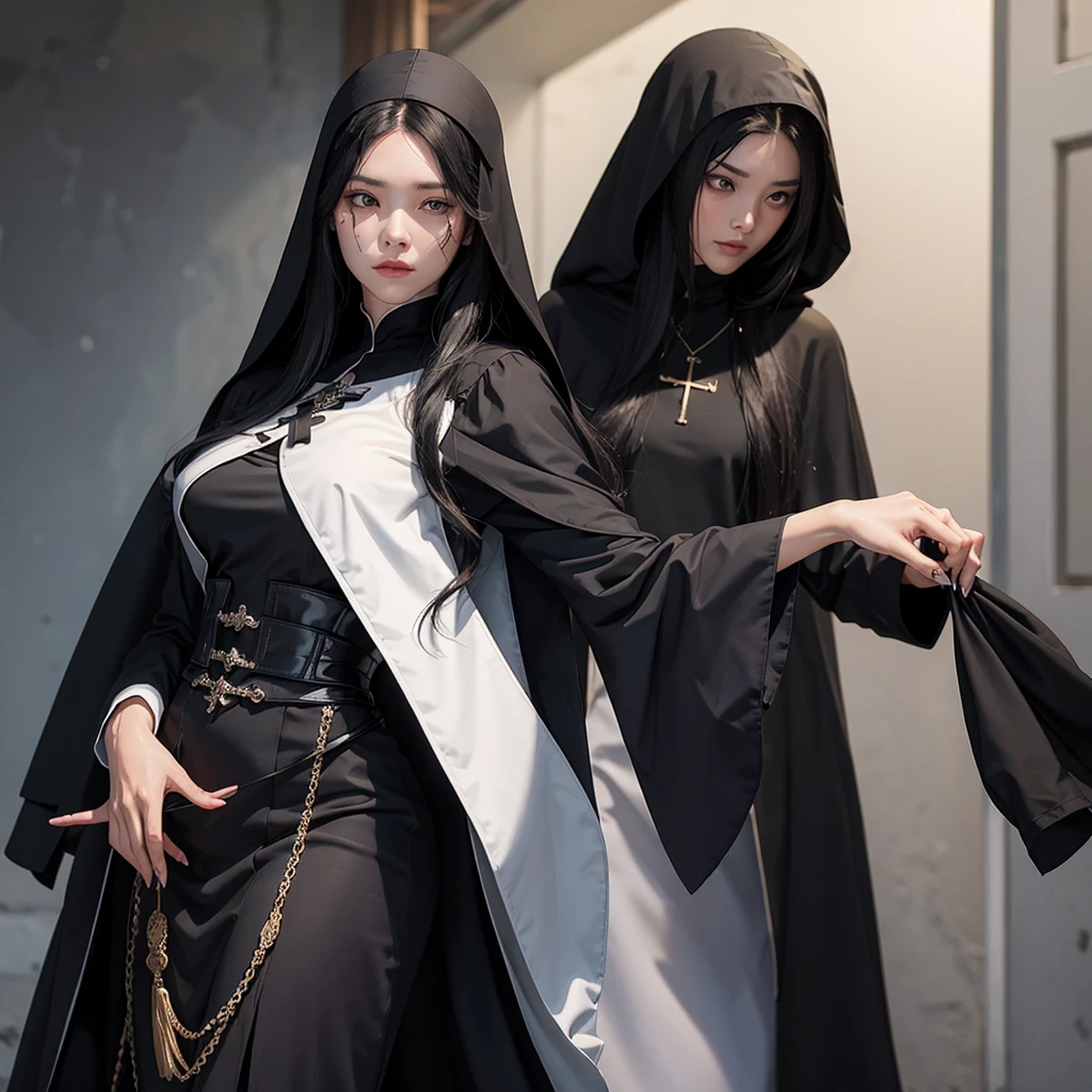 Beautiful lady, with black long hair, nun, scratches on face, Black Closed Clothing, Large cloak, costs