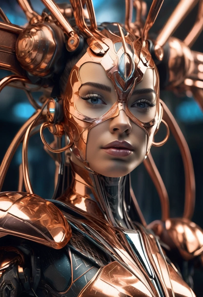 A stunning robot made of copper piping with hair made of intricate copper piping, cascading down like a metallic waterfall. She wears a dress fashioned from delicate, interwoven copper pipes, glinting under the light. Her visage is a mesmerizing blend of Alison Brie, Scarlett Johansson, and Dove Cameron, creating a unique, symmetrical face that exudes elegance and grace. The entire scene is rendered in photorealistic quality, capturing every fine detail with stunning clarity. The overall artwork is a masterpiece, presented in 8K high resolution, showcasing the top-quality craftsmanship and artistic vision.