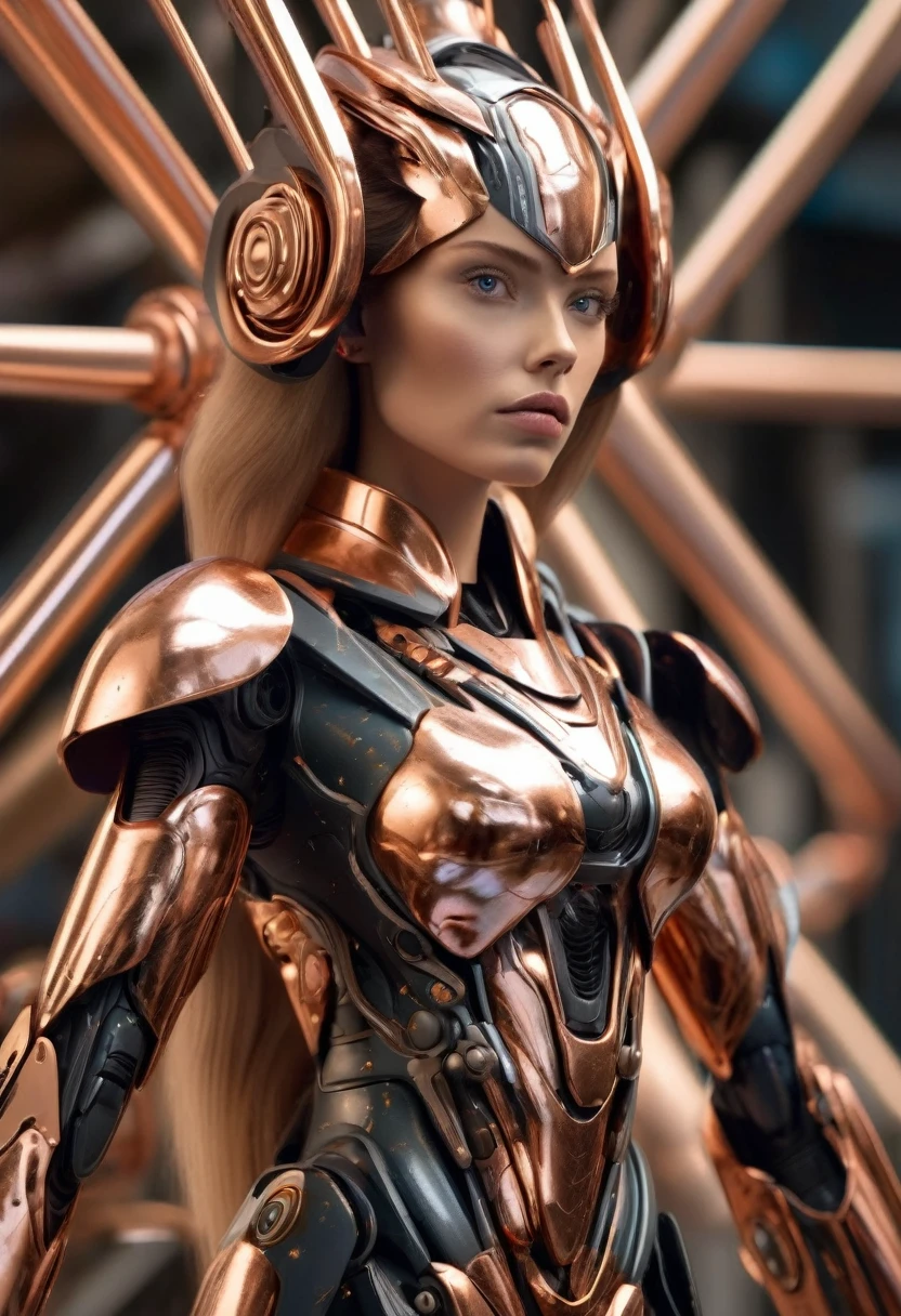 A stunning robot made of copper piping with hair made of intricate copper piping, cascading down like a metallic waterfall. She wears a dress fashioned from delicate, interwoven copper pipes, glinting under the light. Her visage is a mesmerizing blend of Alison Brie, Scarlett Johansson, and Dove Cameron, creating a unique, symmetrical face that exudes elegance and grace. The entire scene is rendered in photorealistic quality, capturing every fine detail with stunning clarity. The overall artwork is a masterpiece, presented in 8K high resolution, showcasing the top-quality craftsmanship and artistic vision.