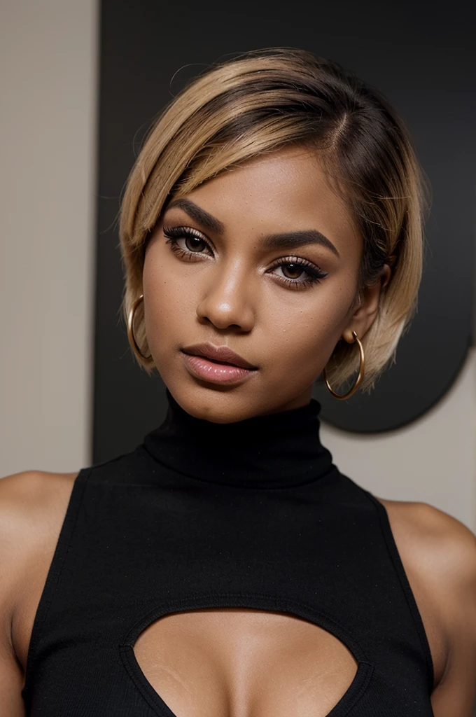"Creates an image of a dark-skinned woman with a short blonde bob hairstyle, posing for a modeling shoot. She has impeccable makeup with well-defined eyebrows, strong black eyeliner, voluminous eyelashes, and lips bright pink. She wears a nose piercing and a cherry earring. The scene is professionally lit, highlighting the details of her makeup and hair. She is dressed in a fitted black suit. , standing with one hand in his pocket and the other resting on his hip, displaying a confident posture."