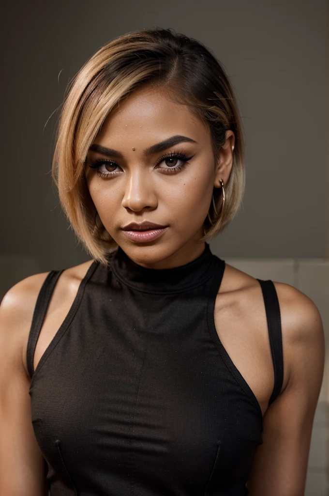 "Creates an image of a dark-skinned woman with a short blonde bob hairstyle, posing for a modeling shoot. She has impeccable makeup with well-defined eyebrows, strong black eyeliner, voluminous eyelashes, and lips bright pink. She wears a nose piercing and a cherry earring. The scene is professionally lit, highlighting the details of her makeup and hair. She is dressed in a fitted black suit. , standing with one hand in his pocket and the other resting on his hip, displaying a confident posture."