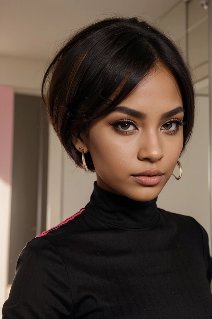 "Creates an image of a dark-skinned woman with a short blonde bob hairstyle, posing for a modeling shoot. She has impeccable makeup with well-defined eyebrows, strong black eyeliner, voluminous eyelashes, and lips bright pink. She wears a nose piercing and a cherry earring. The scene is professionally lit, highlighting the details of her makeup and hair. She is dressed in a fitted black suit. , standing with one hand in his pocket and the other resting on his hip, displaying a confident posture."