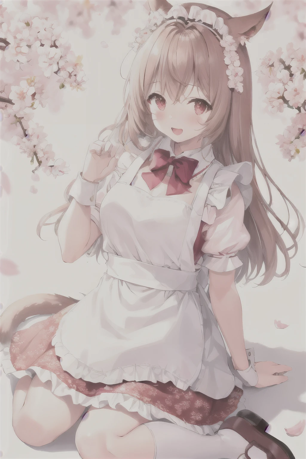 1girl, animal_ear_fluff, animal_ears, apron, bangs, blush, bow, bowtie, branch, breasts, brown_hair, cat_ears, cat_tail, cherry_blossoms, daisy, dango, dress, enmaided, eyebrows_visible_through_hair, falling_petals, floral_background, flower, frilled_apron, frills, hair_between_eyes, hair_ornament, hanami, headdress, high_heels, holding, holding_flower, lily_\(flower\), long_hair, looking_at_viewer, lotus, maid, maid_apron, maid_headdress, medium_breasts, miqo'te, open_mouth, petals, petals_on_liquid, pink_flower, plum_blossoms, puffy_short_sleeves, puffy_sleeves, red_eyes, red_footwear, red_skirt, sanshoku_dango, shirt, shoes, short_sleeves, sitting, skirt, smile, solo, spring_\(season\), tail_ornament, vase, wagashi, waist_apron, white_apron, white_flower, white_legwear, white_shirt, wisteria, wrist_cuffs 