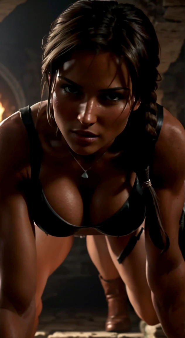 Lara Croft. Beautiful British, brunette, sexy and smart. Here she is the Tomb Raider on full display her She has perky huge , EEE-cup breast, massive cleavage, and basically naked. A close-up camera angle.  Fit body, she is bending over showing off her perfect body, very very strong very muscular and vascular with an incredible sexy perfect ass, seductive, Erotic, and basically naked. A close-up camera angle. The image should have a hard, aggressive, sexy, slutty, grabbing, erotic, and seductive atmosphere. The color palette should be bright and flashy. The lighting should be vibrant and mid-contrast. Please ensure maximum detail and thorough pixelation.