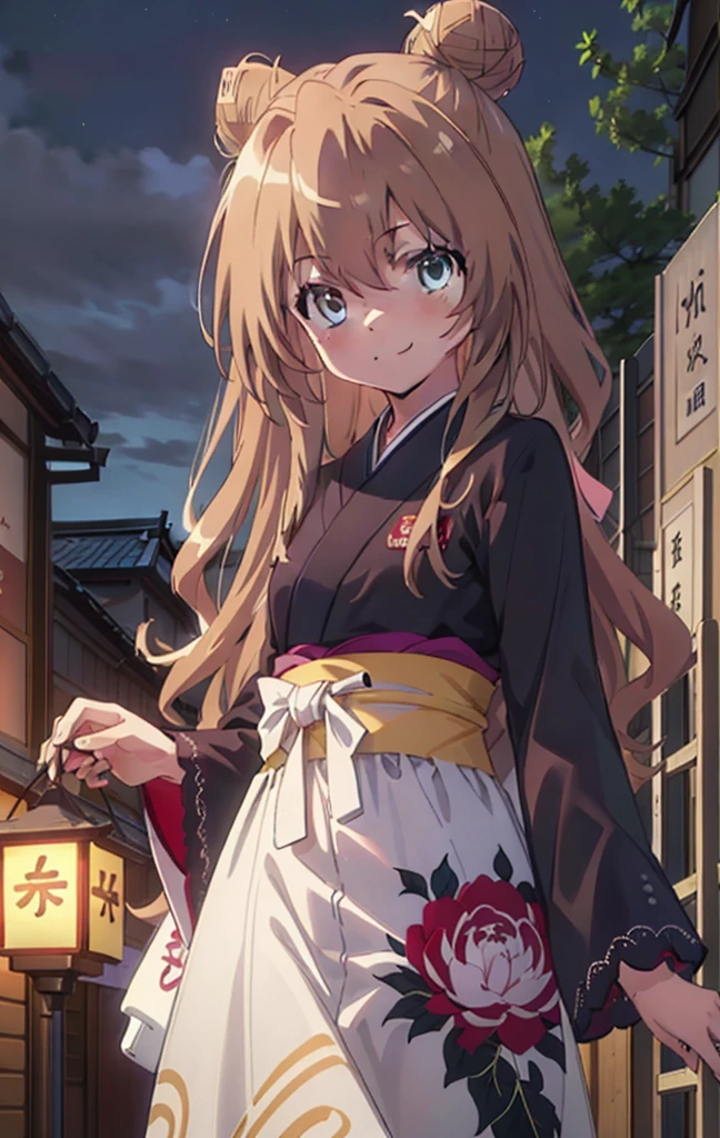 taiga aisaka, taiga aisaka, Long Hair, Brown Hair, Brown eyes,happy smile, smile, Close your mouth,Hair Bun, single Hair Bun,Black kimono,Thick sleeves,,日本のfestival,夏festivalの屋台,Red lantern,night,As if your whole body is in the illustration,Walking, break looking at viewer, Upper Body (Cowboy Shot:1. 5),
break outdoors, festival,shrine,
break (masterpiece:1.2), Highest quality, High resolution, unity 8k wallpaper, (shape:0.8), (Beautiful attention to detail:1.6), Highly detailed face, Perfect lighting, Highly detailed CG, (Perfect hands, Perfect Anatomy),