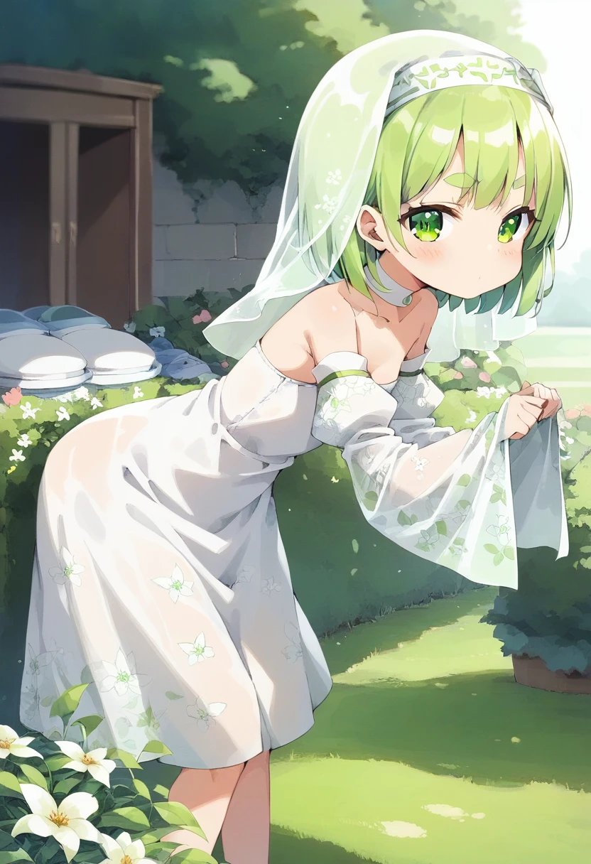 score_9, ,score_7_up, score_6_up, 1girl, source_cartoon, source_anime,breathtalking Scenery,watercolor,smooth soft skin, natural skin,anime screencap,mjm,Bfg
BREAK
(loli:1.4),(little female child:1.4), small breast,cute face, (loli toddler:1.1), 6 yo,kawaii, (highlight on eyes), (jiggly:0.8), shiny skin,
BREAK
(medium green hair:1.3),(green maro eyebrows:1.6),pouty and slightly grumpy,(pout:1.2), ::(, (jitome),(frown:0.6),white streaked hair, green eyes,
BREAK
(Floral print nun dress:1.1), (pastel veil:1.2),choker,nun,butterfly sleeves, excessive detailed collarbone,exposed collarbone, dynamicangle,dynamicpose,bloom effect,
BREAK
(hanging out the laundry:1.2),(laundry,Clothes are drying:1.1),(from side,:1.2 ),cowboy shot,looking at viewer,flower garden,grass,nature,countryside,pastelcolor,