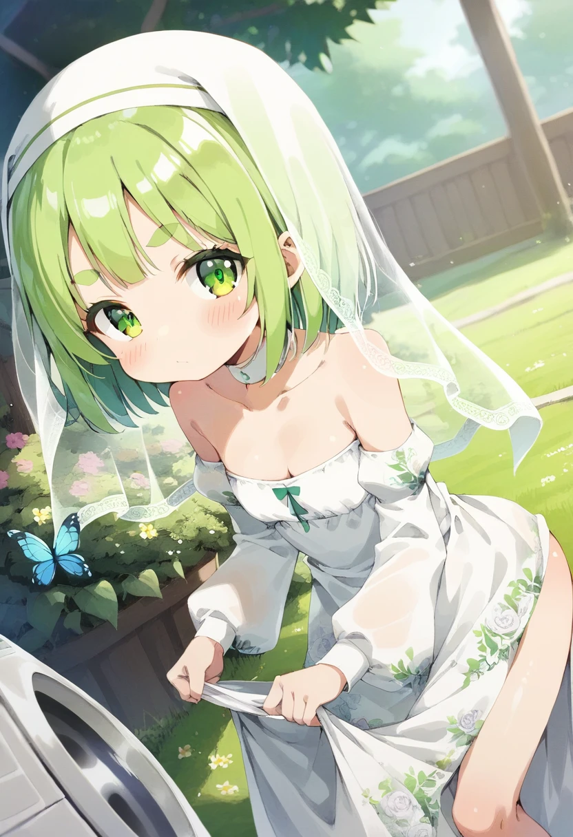 score_9, ,score_7_up, score_6_up, 1girl, source_cartoon, source_anime,breathtalking Scenery,watercolor,smooth soft skin, natural skin,anime screencap,mjm,Bfg
BREAK
(loli:1.4),(little female child:1.4), small breast,cute face, (loli toddler:1.1), 6 yo,kawaii, (highlight on eyes), (jiggly:0.8), shiny skin,
BREAK
(medium green hair:1.3),(green maro eyebrows:1.6),pouty and slightly grumpy,(pout:1.2), ::(, (jitome),(frown:0.6),white streaked hair, green eyes,
BREAK
(Floral print nun dress:1.1), (pastel veil:1.2),choker,nun,butterfly sleeves, excessive detailed collarbone,exposed collarbone, dynamicangle,dynamicpose,bloom effect,
BREAK
(hanging out the laundry:1.2),(laundry,Clothes are drying:1.1),(from side,:1.2 ),cowboy shot,looking at viewer,flower garden,grass,nature,countryside,pastelcolor,