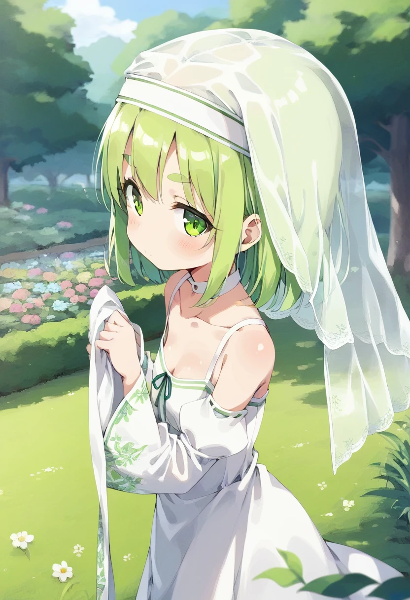 score_9, ,score_7_up, score_6_up, 1girl, source_cartoon, source_anime,breathtalking Scenery,watercolor,smooth soft skin, natural skin,anime screencap,mjm,Bfg
BREAK
(:1.4),(little female child:1.4), small breast,cute face, (lolidler:1.1), 6 yo,kawaii, (highlight on eyes), (jiggly:0.8), shiny skin,
BREAK
(medium green hair:1.3),(green maro eyebrows:1.6),pouty and slightly grumpy,(pout:1.2), ::(, (jitome),(frown:0.6),white streaked hair, green eyes,
BREAK
(Floral print nun dress:1.1), (pastel veil:1.2),choker,nun,butterfly sleeves, excessive detailed collarbone,exposed collarbone, dynamicangle,dynamicpose,bloom effect,
BREAK
(hanging out the laundry:1.2),(laundry,Clothes are drying:1.1),(from side,:1.2 ),cowboy shot,looking at viewer,flower garden,grass,nature,countryside,pastelcolor,