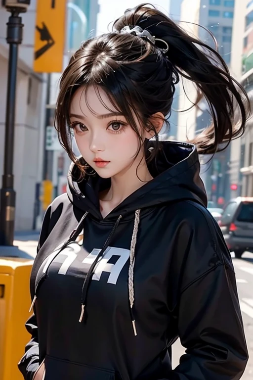 、Black Hair、ponytail、Big Breasts、hoodie