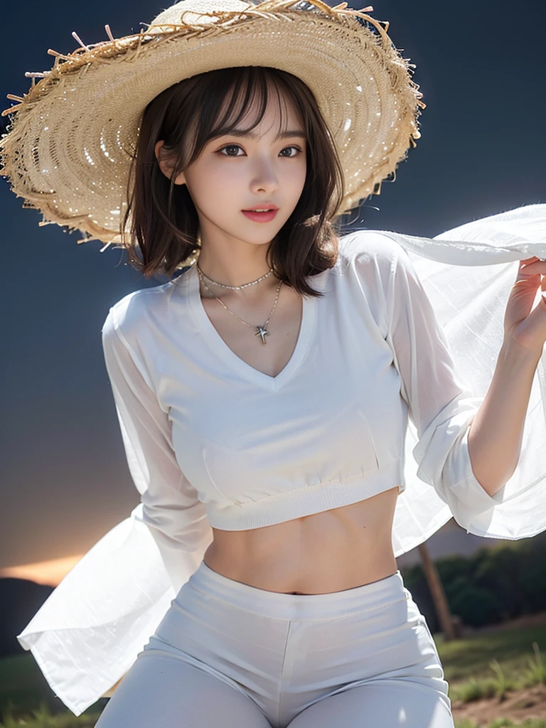 Look at this and smile、Colorful summer clothes、top quality、masterpiece、超High resolution、(actual:1.4)、Very wide lens、close up、Young woman beautiful、Nice detailed eyes and skin、smile、Short brown hair haircut、bust、Small necklace、、straw fedora hat、、Summer sky、(highest image quality: 1.35), high quality, Realistic photo, (A beautiful woman:1.33), beautiful expression, (delicate eyes:1.3), (delicate face:1.3), Smile, (light hair silhouette:1.2), Super detailed , high resolution, Athletic figure, (big breasts:1.25), (long hair:1.2), (beautiful woman), (Cute navel:1.2), ( Depth of field f/1.8:1.45 ), sharp focus, original image , (Thin white shirt:1.45), (Thin white pants:1.4), (Thin white tight pants:1.4 ), (shirt thin white eyelashes:1.4), (thick thighs:1.5), (forward facing:1.25), (cowboy photo:1.4), (night sports:1.4), ( dark sky:1.5 ),