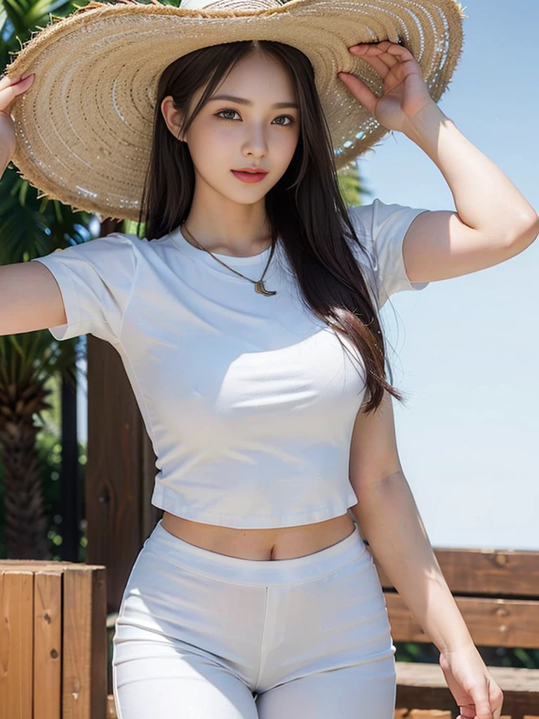 Look at this and smile、Colorful summer clothes、top quality、​masterpiece、超High resolution、(actual:1.4)、Very wide lens、close up、Young woman beautiful、Nice detailed eyes and skin、smile、Short brown hair haircut、bust、Small necklace、、straw fedora hat、、Summer sky、(highest image quality: 1.35), high quality, Realistic photo, (A beautiful woman:1.33), beautiful expression, (delicate eyes:1.3), (delicate face:1.3), Smile, (light hair silhouette:1.2), Super detailed , high resolution, Athletic figure, (big breasts:1.25), (long hair:1.2), (beautiful woman), (Cute navel:1.2), ( Depth of field f/1.8:1.45 ), sharp focus, original image , (Thin white shirt:1.45), (Thin white pants:1.4), (Thin white tight pants:1.4 ), (shirt thin white eyelashes:1.4), (thick thighs:1.5), (forward facing:1.25), (cowboy photo:1.4), (night sports:1.4), ( dark sky:1.5 ),