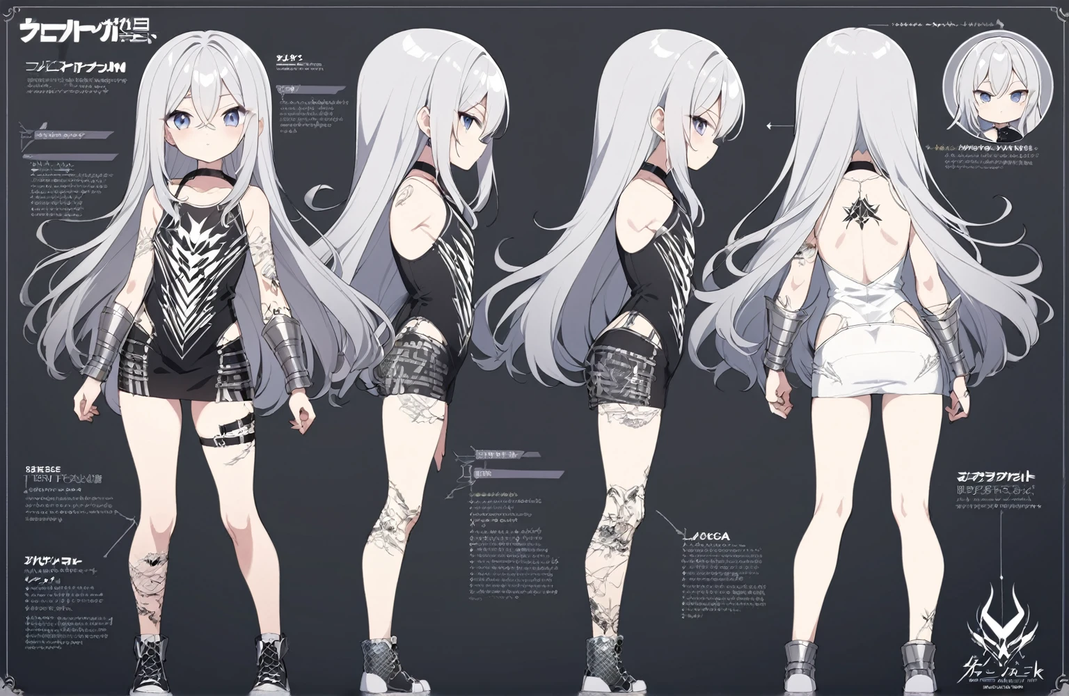 1 150 cm tall. long silver hair, Scrawny, knee length straight hair, Small face, Full body diagram, Glam metal clothing style