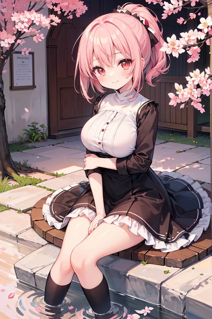 ((Masterpiece)),((high resolution)),((Best Quality)),Anime illustration,(((1girl))),,(wavy hair),(short hair),(pale pink hair color),small ponytail,Red eyes,(Big round eyes),((tareme)),,((loli face)),very big breasts)),Short stature,,Monastic women's clothing,smile,Ladylike,cherry blossoms,