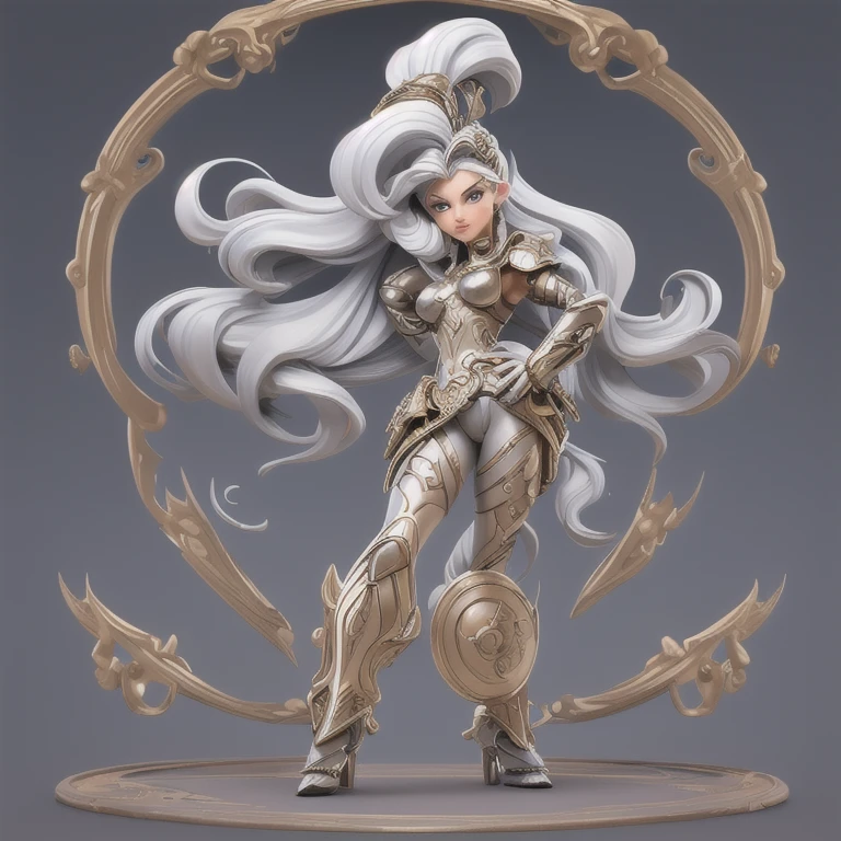 A sexy cartoon woman in warrior attire posing gracefully for a photo, Sexy beauty, straight silver hair, gurreira sexy, inverted triangle body type, Waist slender, sexy girl silver cebelos, mulher de corpo inteiro, wearing sexy outfits, beautiful seductive woman, hourglass figure, cartoon vector style, corpo pin-up, Broad Hips