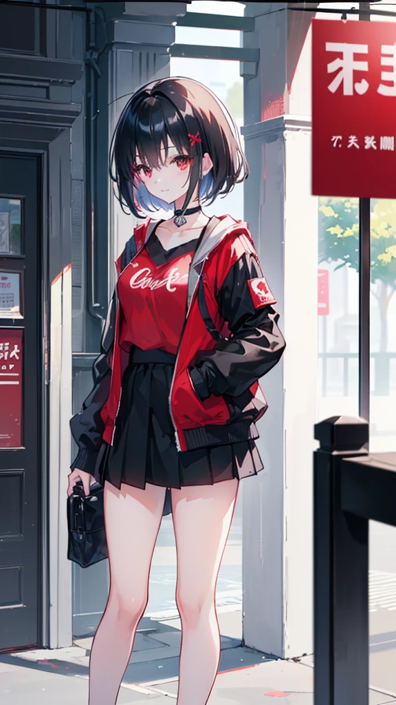 (masterpiece, highest quality, highest quality, (No text), Beautiful and aesthetic:1.2),No text,アニメ、BREAK,One Girl，Black Hair Girl　short hair　older sister　choker　Tree Eyes　Beautiful eyes　Red eyes　cool　smile　Red and Black　Black jacket　mini skirt　whole body　In town