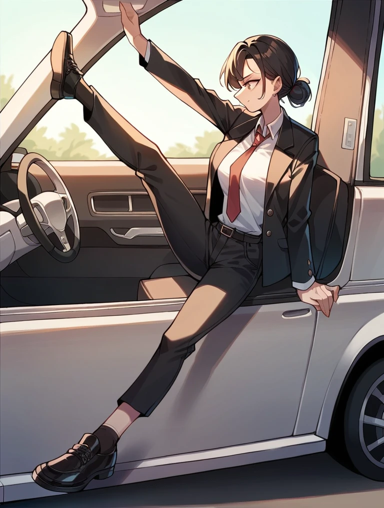A woman wearing a black suit, tie, long black pants, leather shoes, and black socks kicks towards the car on the car window, causing the window to break.