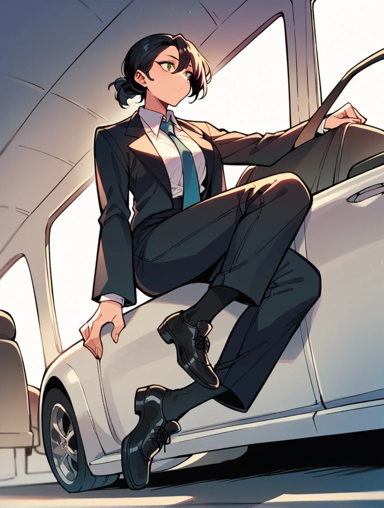 A woman wearing a black suit, tie, long black pants, leather shoes, and black socks kicks towards the car on the car window, causing the window to break.