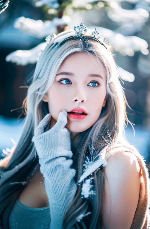 (best quality,4k,8k,highres,masterpiece:1.2),ultra-detailed,(realistic,photorealistic,photo-realistic:1.37),snow queen,beautiful detailed eyes,(blue eyes:1.3),(white hair:1.3),beautiful detailed lips,extremely detailed eyes and face,long eyelashes,snow-covered palace,winter wonderland,crown of ice,sparkling snowflakes,ethereal beauty,snowflakes swirling around,snow-covered trees,gorgeous snow queen,glowing ice shards,powdery snow,snowflakes glistening in the sunlight,majestic and graceful presence,snow-capped mountains,icy breath,hint of blue and silver in the color scheme,dramatic lighting,soft snow falling,subtle shades of white and blue,icy palace walls,crystal-like skin,icy blue eyes, ultra-realistic, photorealistic, photograph, photogenic, bokeh, cleavage, bare shoulders, concentrated expression, (full body:1.2), realistic big breasts.