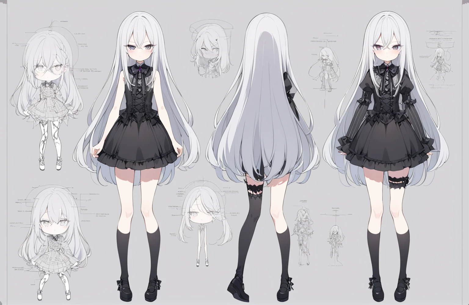 1 150 cm tall. long silver hair, Scrawny, knee length straight hair, Small face, Full body diagram, gothic lolita clothing style 