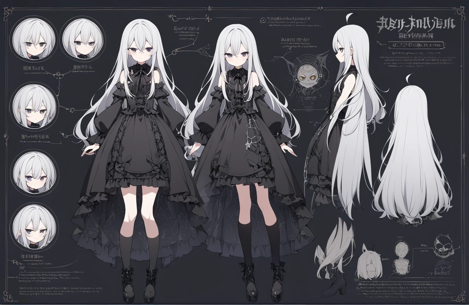1 150 cm tall. long silver hair, Scrawny, knee length straight hair, Small face, Full body diagram, gothic ta clothing style