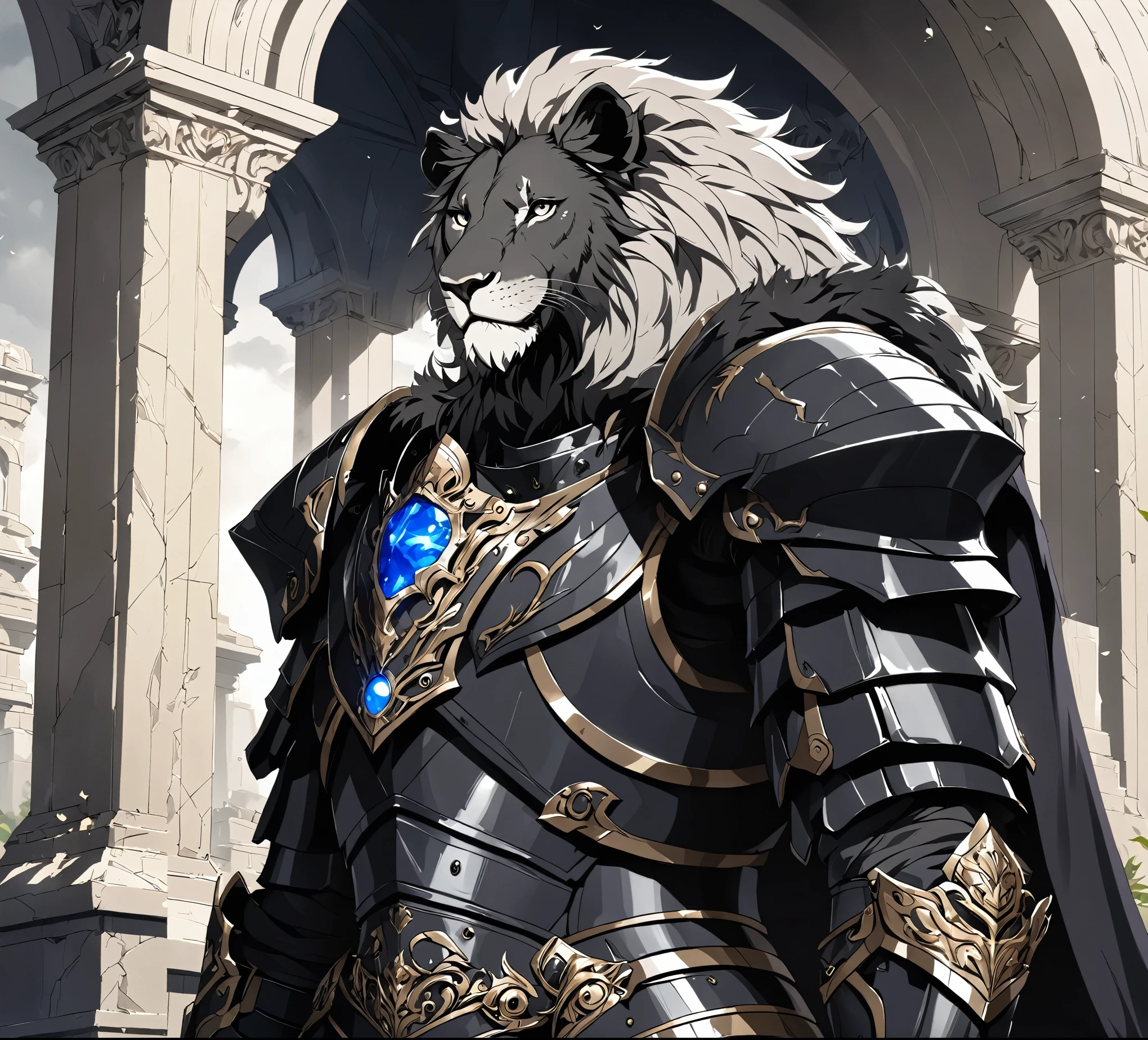 masterpiece, best quality, good quality, humanoid gray lion, Furry, a gray lush mane, scar on right eye, black armor, Combat armor, A lot of growth, black fur cape, Fantasy aesthetics, Highly detailed, shadowverse style