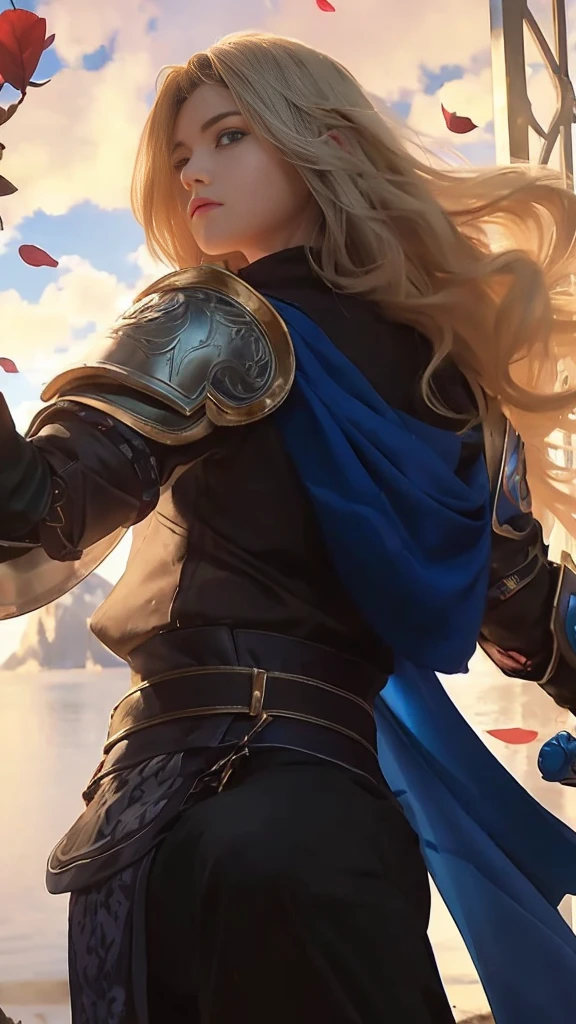 1girl, 1boy, (best quality, beruka, gauntlets), armor, purple scarf, black gloves, pants, boots, bandana on the head, sitting, in front, trees, mountain, beautiful scenery in the background, soft sunset, subtle reflections on the ground.