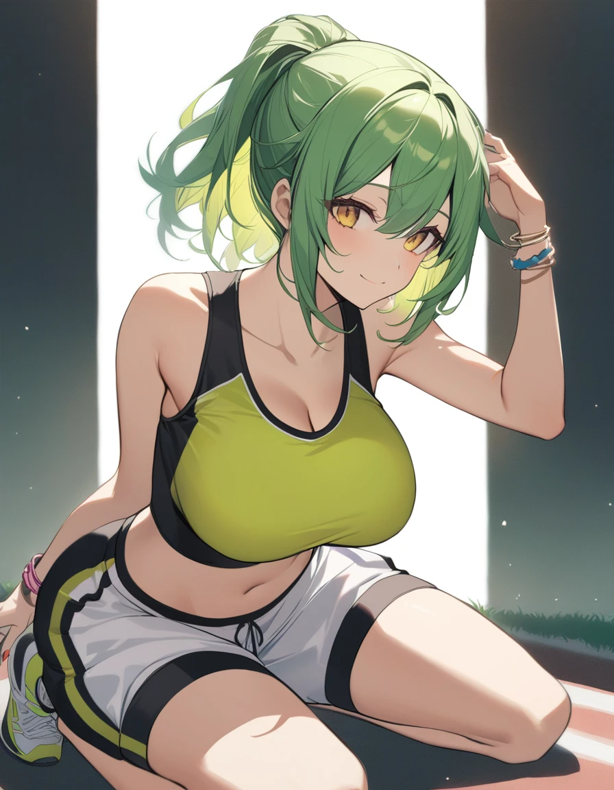 (Highest quality:1.2, three-dimensional, High Detail, masterpiece:1.2, Best aesthetics), (1 girl), Beautiful woman, Beautiful detailed eyes, Beautiful detailed lips, Highly detailed face, light up face Delicate depiction of hair and eyes, Detailed Fashion, (detailed background:1.2) ((Portraiture, Cowboy Shot)), Aqua Eye, huge ahoge, Mouth open, Earrings, View your viewers, big breasts, upper body, full body from knees to head, gaze away, gaze into the distance, smile lightly, fancy nails, bracelet, medium hair, yellow color inner hair, green hair, track and field wear, tight racing bloomers, separate, sports bra, bare navel