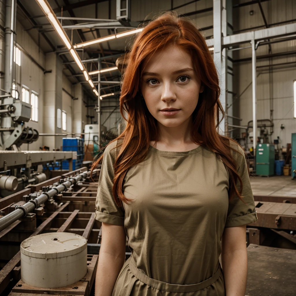 Beautiful girl, at the factory, in Belarus, redhead, low