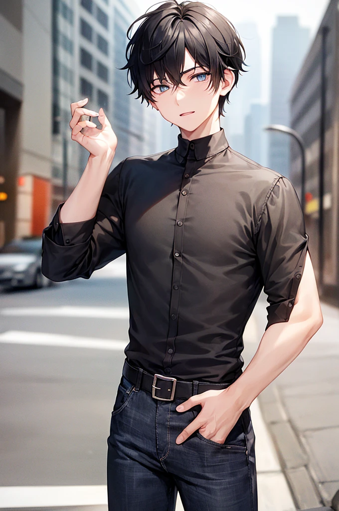 1boy, short black hair, blue eyes, wearing black long sleeve shirt, black jeans, city, high res, ultrasharp, 8K, masterpiece, looking at viewer
