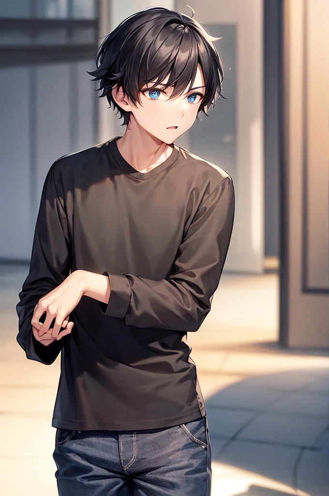 1boy, short black hair, blue eyes, wearing black long sleeve shirt, black jeans, city, high res, ultrasharp, 8K, masterpiece, looking at viewer