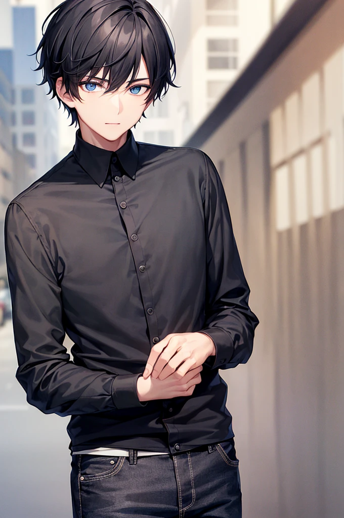 1boy, short black hair, blue eyes, wearing black long sleeve shirt, black jeans, city, high res, ultrasharp, 8K, masterpiece, looking at viewer