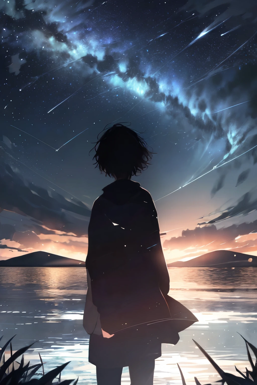 Expansive Sky: Showcase the vastness of the night sky, allowing the stars and shooting stars to occupy a significant portion of the composition., Dynamic Shooting Stars: Capture the movement and energy of the shooting stars as they streak across the sky, creating a sense of motion and wonder., Serene Landscape: Consider adding a tranquil landscape, such as distant mountains or a calm body of water, to enhance the sense of peace and serenity, a silhouette of a boy seen from behind in a far distance is looking at the sky.