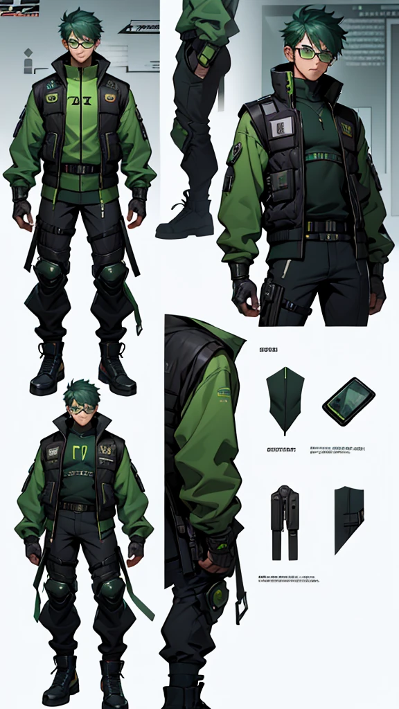 Character design sheet、Green short hair、Glasses、male、Tactical Vest、whole body、cyber punk, Surrealism, reference sheet, zoom layer, 8k, highres, best quality, UHD, anatomically correct