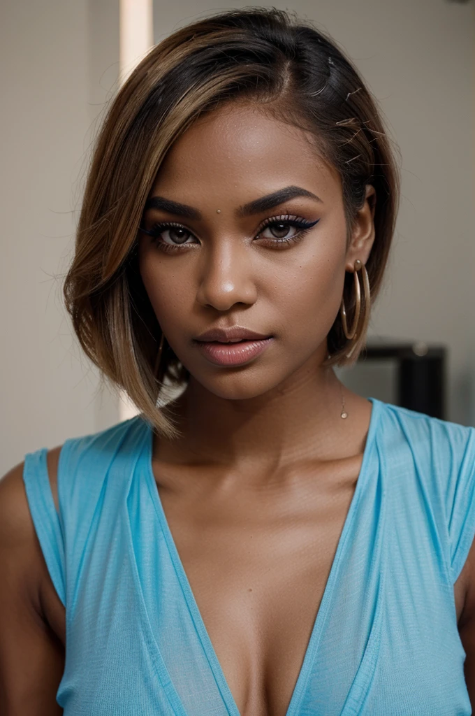 "Creates an image of a dark-skinned woman with a short blonde bob hairstyle, posing for a modeling shoot. She has impeccable makeup with well-defined eyebrows, strong black eyeliner, voluminous eyelashes, and lips bright pink. She wears a nose piercing and a cherry earring. The scene is professionally lit, highlighting the details of her makeup and hair. She is dressed in a blue flowing dress. , captured in full motion with the dress floating around her, creating a dynamic effect."