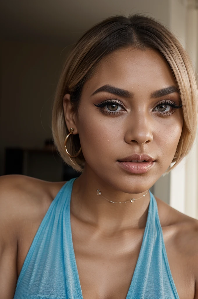 "Creates an image of a dark-skinned woman with a short blonde bob hairstyle, posing for a modeling shoot. She has impeccable makeup with well-defined eyebrows, strong black eyeliner, voluminous eyelashes, and lips bright pink. She wears a nose piercing and a cherry earring. The scene is professionally lit, highlighting the details of her makeup and hair. She is dressed in a blue flowing dress. , captured in full motion with the dress floating around her, creating a dynamic effect."