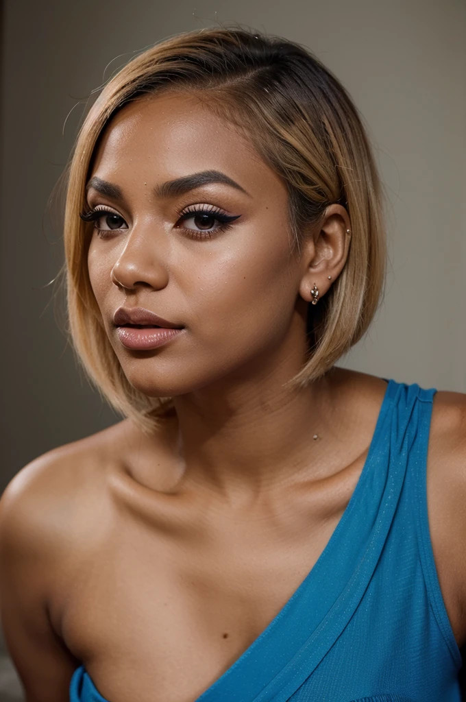 "Creates an image of a dark-skinned woman with a short blonde bob hairstyle, posing for a modeling shoot. She has impeccable makeup with well-defined eyebrows, strong black eyeliner, voluminous eyelashes, and lips bright pink. She wears a nose piercing and a cherry earring. The scene is professionally lit, highlighting the details of her makeup and hair. She is dressed in a blue flowing dress. , captured in full motion with the dress floating around her, creating a dynamic effect."