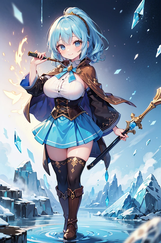 Fantasy,((Masterpiece)),((high resolution)),((Best Quality)),Anime illustration,((1girl)),(wavy hair),(short hair),(pale blue hair color),small ponytail,headband,Indigo eyes,(Big round eyes),((tareme)),12 years old,((baby face)),(((very big breasts))),Short stature,Young,(loli),,ice wizard,sleeveless white blouse,Blue mini skirt,slit,Brown corset,brown capelet,smile,,Brown long boots,wizard's wand with blue gem,